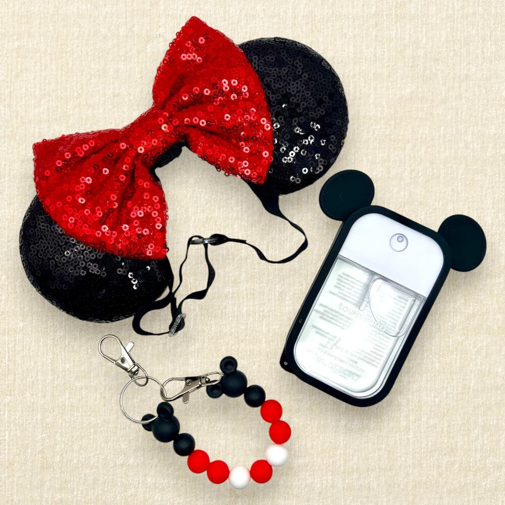 Elastic Black Sequin Minnie Ears — Red Bow | Disney-Inspired Mouse Ears - Picture 2 of 4